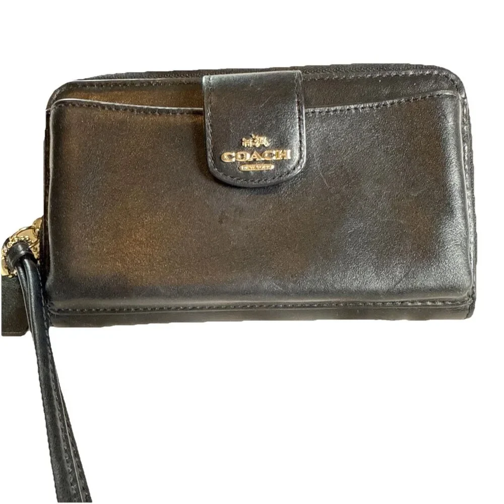 Coach Leather Wristlet Wallet Clutch Organizer Zip‎ Around Black Gold Tone
